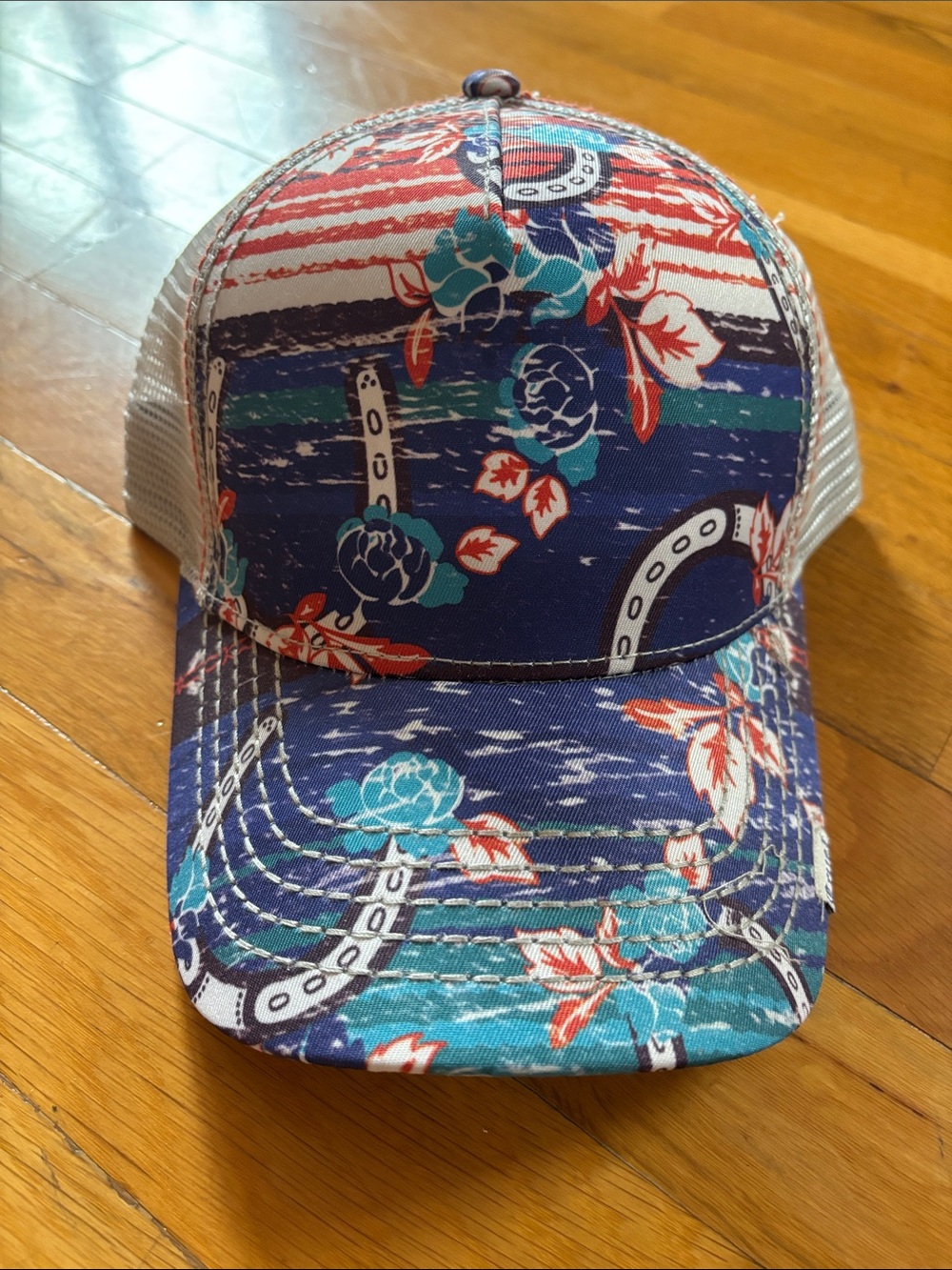Cruel Denim Floral Horseshoe Trucker Hat - Blue, Teal & Coral